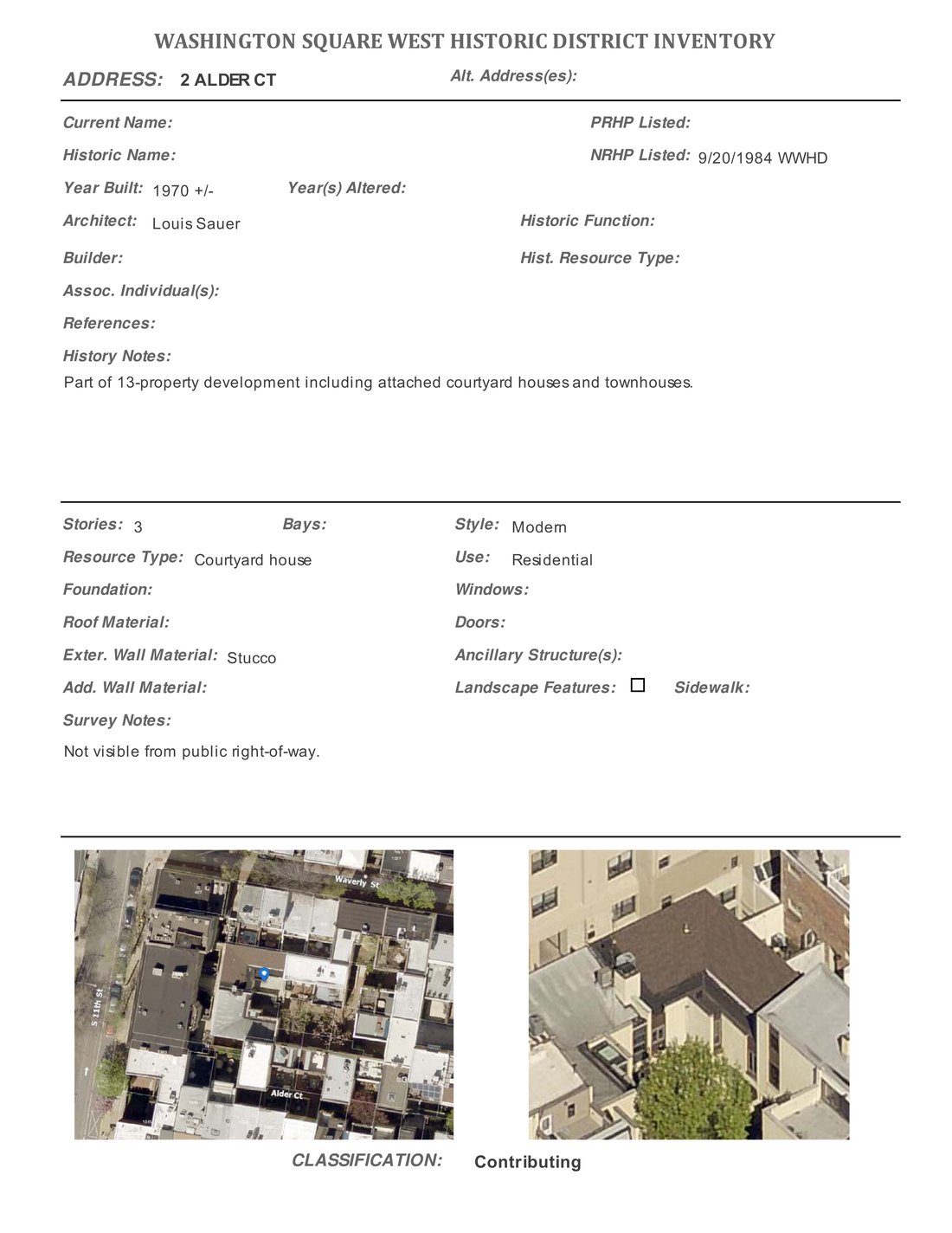 Inventory sheet for 2 Alder Court: history field one line, windows and doors blank, two aerial photographs of a roof, classified Contributing